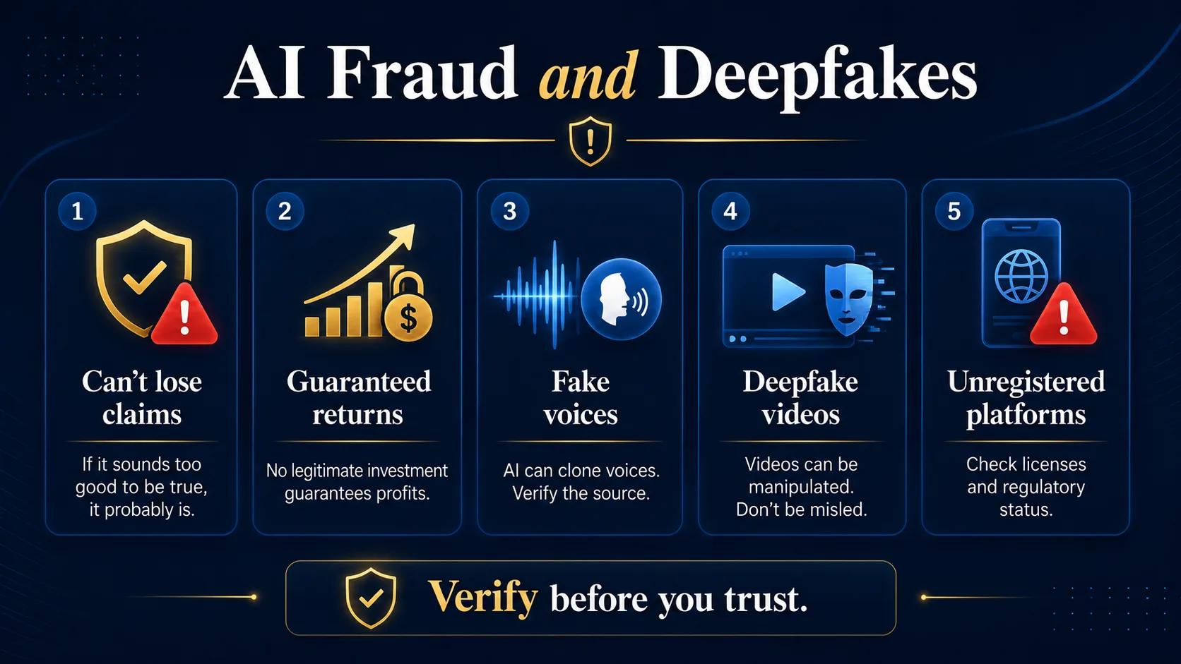 AI investment fraud infographic showing guaranteed returns, cannot lose claims, fake voices, deepfake videos and unregistered trading platforms.