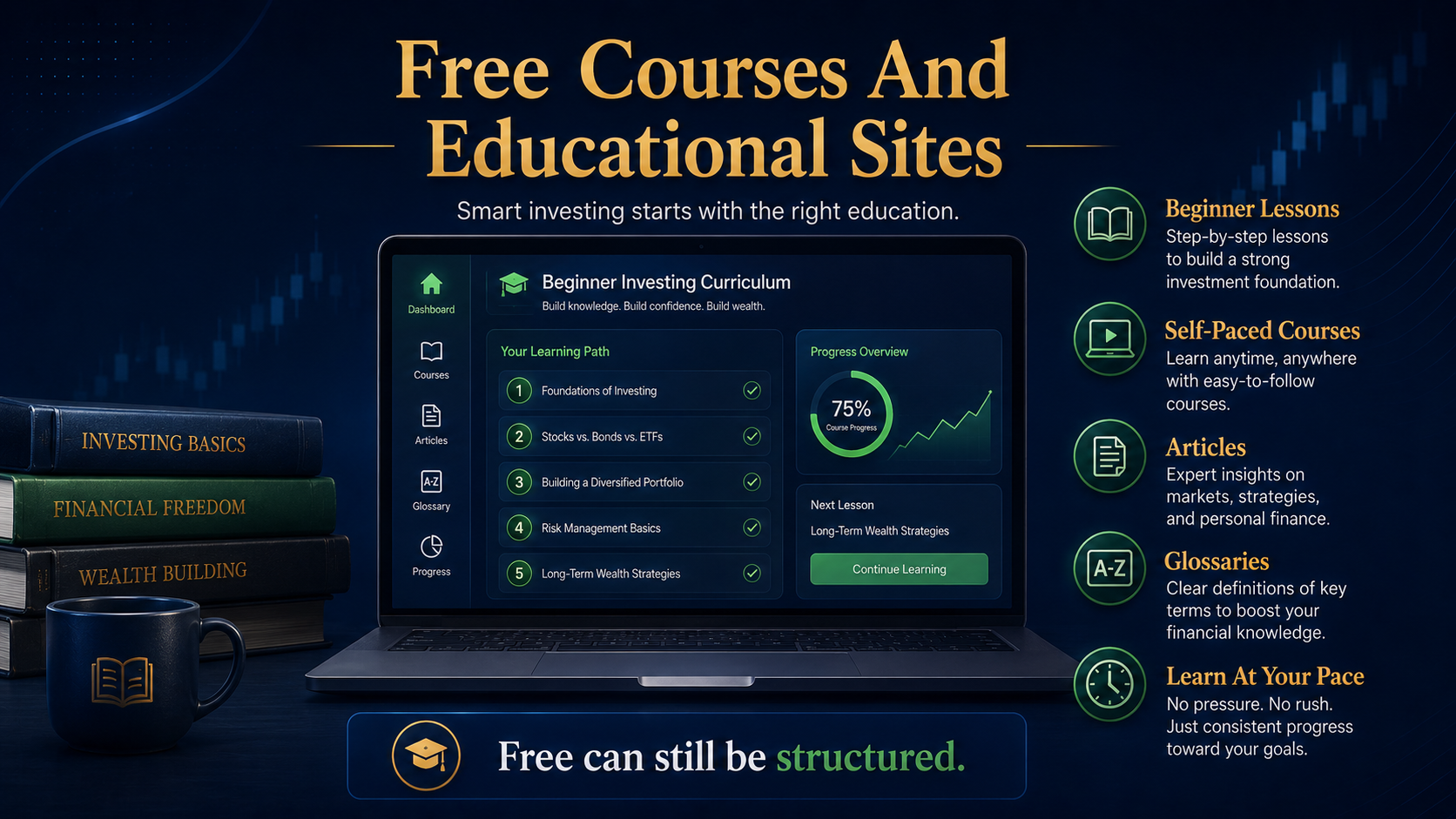 Infographic showing free online investing courses and educational websites with structured lessons and glossaries