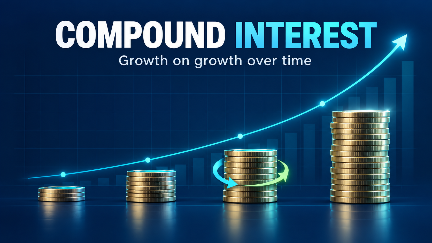 Compound interest growth illustrated by rising coin stacks and an accelerating curve